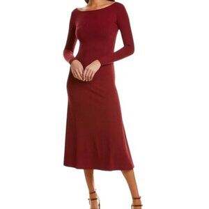 Farm Rio Burgundy Boat Neck Midi Dress Ribbed Long Sleeve